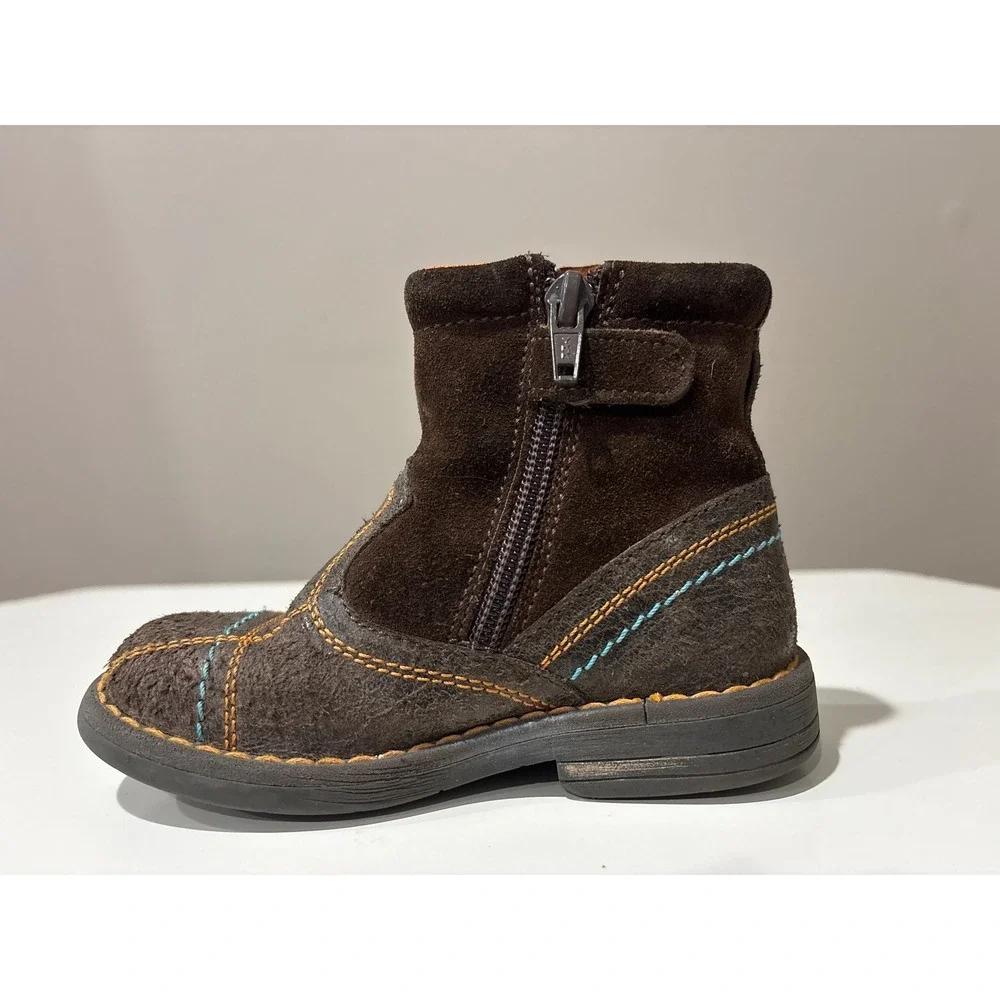 Kenzo Kids Brown Suede Leather Ankle Cowboy‎ Boots Stitching Side Zip 24 7.5